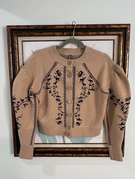 Anthropologie Sweaters - Anthropologie Embroidered Cardigan XS | Tan Floral Knit | Feminine Puff Sleeve